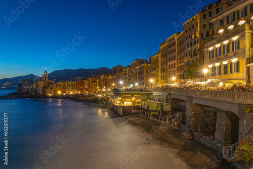 CAMOGLI, ITALY, AUGUST 6, 2023 - View of the ligurian seaside village of Camogli at dusk, province of Genoa, Italy