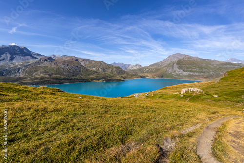 Panoramic view of the Mont-Cenis lake near the Mont-Cenis hill between the Italian Val di Susa and the French Maurienne valley, France
