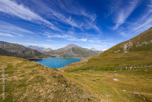 Panoramic view of the Mont-Cenis lake near the Mont-Cenis hill between the Italian Val di Susa and the French Maurienne valley, France © faber121