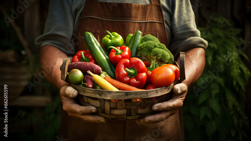 Farmer hold full basket of vegetables © Mishu