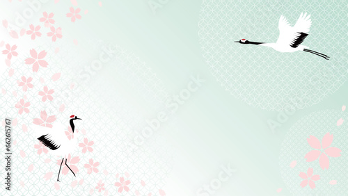 鶴と桜がモチーフの和柄のキュートなおめでたい背景フレームイラスト