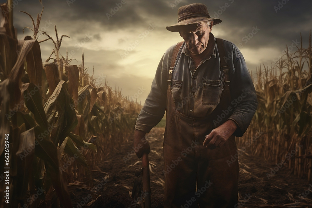 Fototapeta premium Organic man outdoors agricultural farmer male farmland field nature person farming worker rural countryside