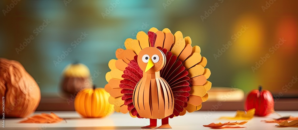 Create children s art with DIY pumpkin turkey for Thanksgiving Day With copyspace for text - obrazy, fototapety, plakaty 
