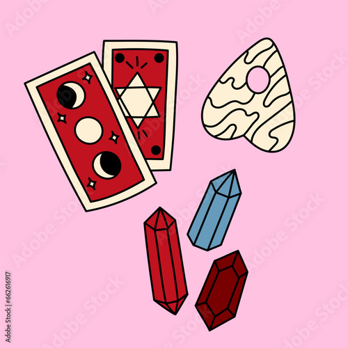 Cute doodle illustration in flat style, clipart set of tarot cards, crystals and ouija board on pink background, fortune telling. Witch items, witchcraft.