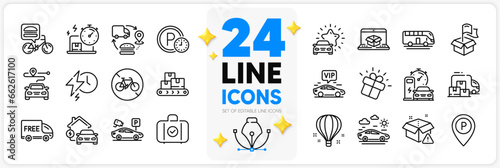 Icons set of Bicycle prohibited, Delivery warning and Delivery online line icons pack for app with Air balloon, Journey, Gift thin outline icon. Home charging, Carry-on baggage. Vector