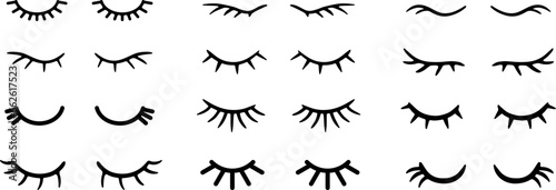 Closed eye with eyelashes cute girly vector icon set for cartoon character illustration. Sleep girl or unicorn long eyelash line simple face part graphic makeup mascara symbol. 