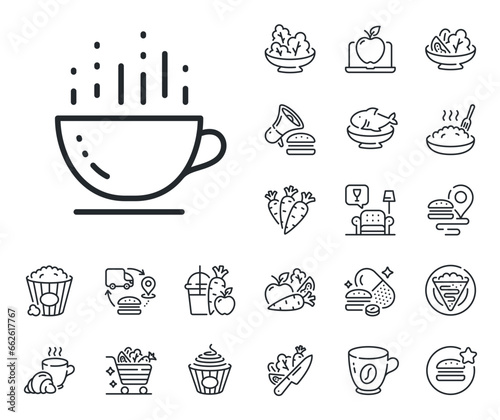 Hot cappuccino sign. Crepe, sweet popcorn and salad outline icons. Coffee cup line icon. Tea drink mug symbol. Coffee cup line sign. Pasta spaghetti, fresh juice icon. Supply chain. Vector
