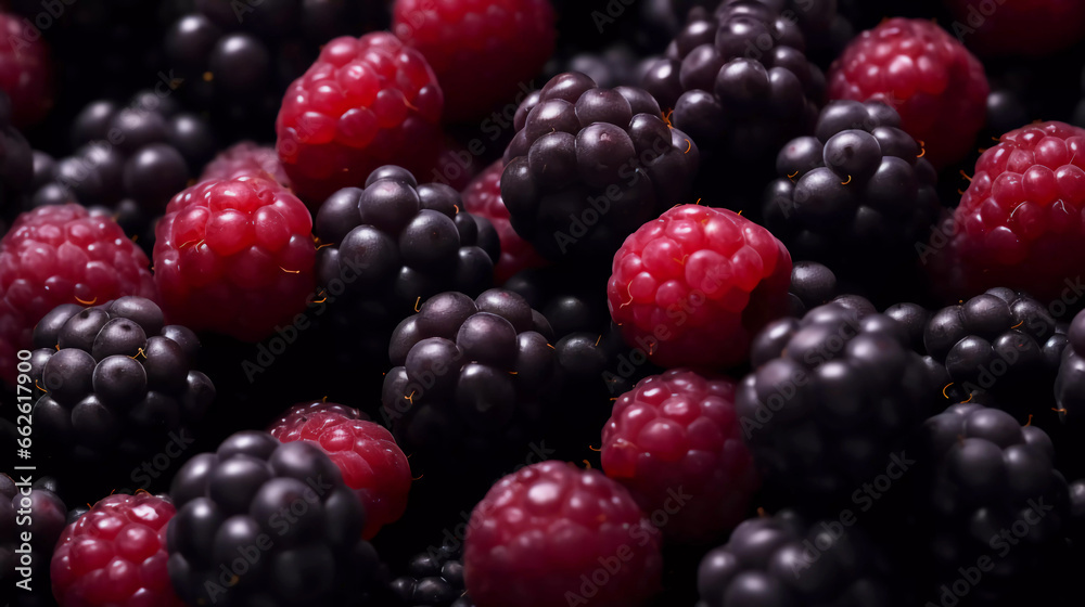 flat lay of red raspberry and black raspberry, Close-up, top view, horizontal version, no people, no body flat lay of red raspberry and black raspberry, Close-up, top view, horizontal version, no people, no body