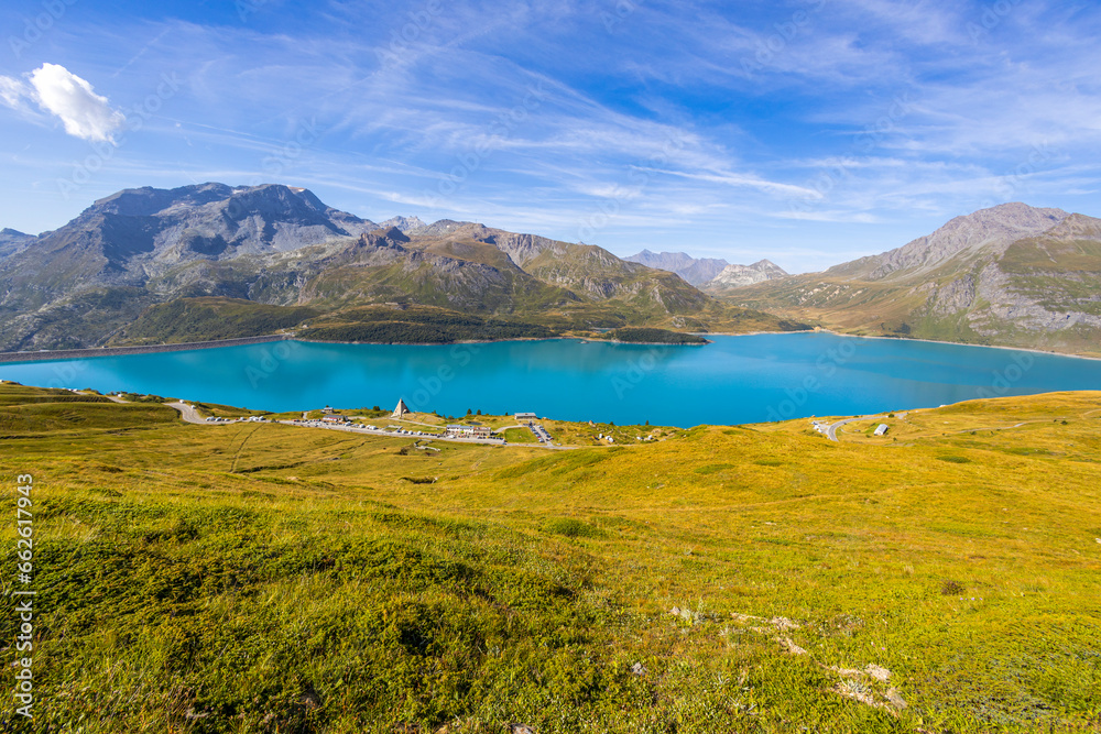 Panoramic view of the Mont-Cenis lake near the Mont-Cenis hill between the Italian Val di Susa and the French Maurienne valley, France