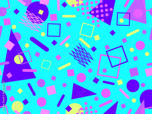 Geometric seamless pattern with memphis elements in 80s style. Colorful geometric pattern. Design of promotional products, wrapping paper and printing. Vector illustration