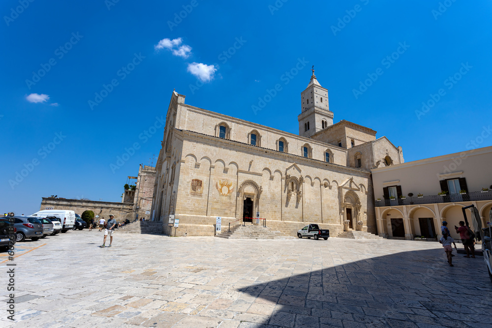 MATERA, ITALY, JULY 18, 2022 - The Cathedral of Matera in the historic center of the town, Italy