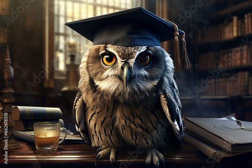 a wise owl in a graduate hat on a table with books,Wise owl against a stack of books on a table in a library among the shelves,generative ai