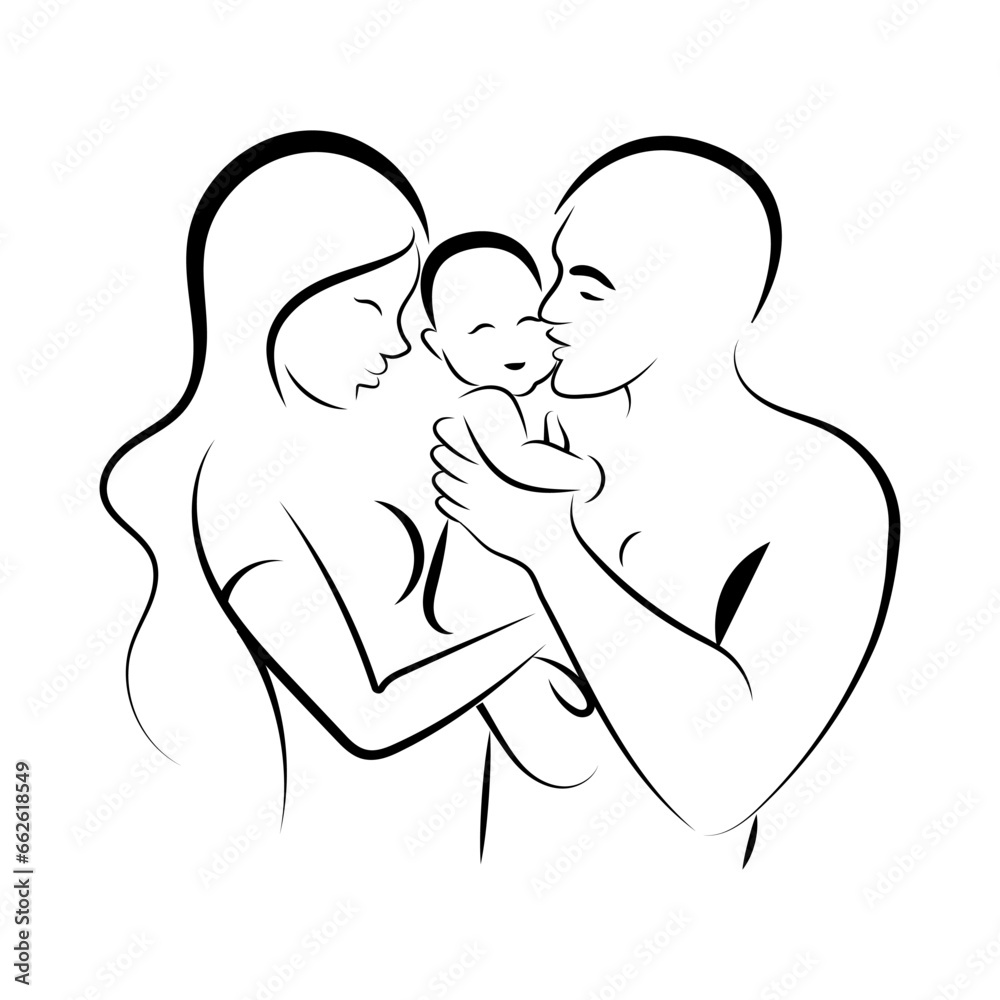 Happy family, father and mother hold a baby in their arms. Outline vector illustration. For front cover, print, logo, etc Happy family, father and mother hold a baby in their arms. Outline vector illustration. For front cover, print, logo, etc