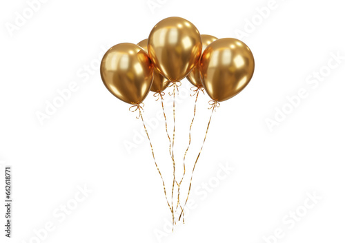 Party celebration balloons. Gold color balloons bunch. 3d rendering. Applicable for birthday holiday design. © AndS