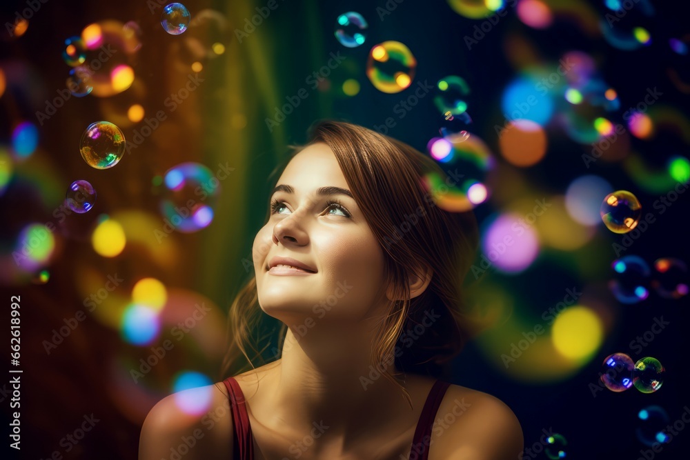 Woman bubble party beauty. Sunshine girl adult soap blow. Generate Ai
