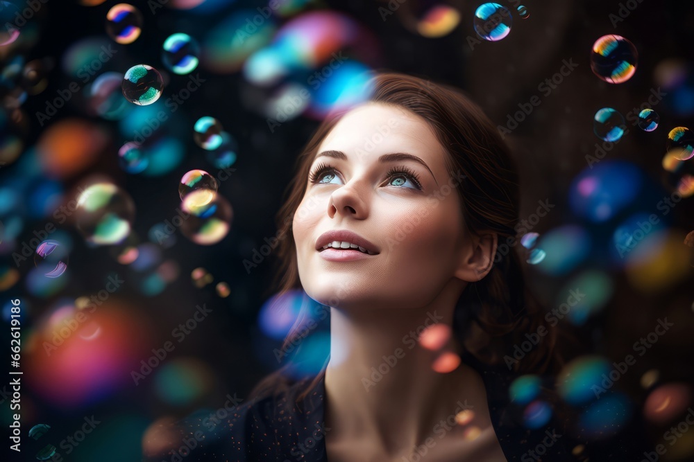 Woman bubble party surrounded. Summer person soap blow. Generate Ai Woman bubble party surrounded. Summer person soap blow. Generate Ai