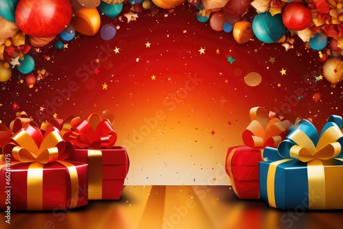 Holiday background with gift boxes and balloons. Unwrapping Deals and Memories: The Essence of Boxing Day photo