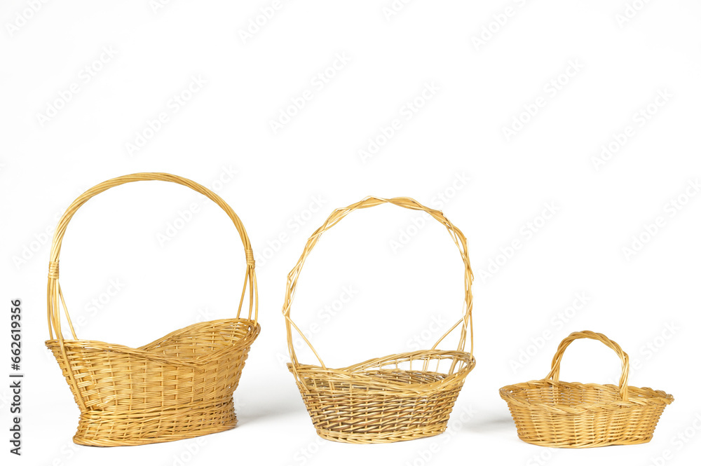 Handmade wicker baskets isolated on white. Traditional handcrafted work.