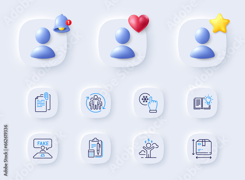 Difficult stress, Product knowledge and Teamwork line icons. Placeholder with 3d bell, star, heart. Pack of Document attachment, Accounting, Box size icon. Vector
