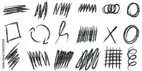 Abstract grunge charcoal scribble stripes, handdrawn doodle bold shapes. Chalk crayon or marker doodle rouge freehand scratches. Vector illustration of lines, waves, arrows, squiggles by brushstroke