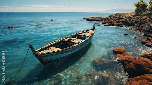 Aerial view of a wooden fishing boat in the sea, Greece