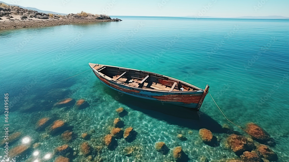 Aerial view of a wooden fishing boat in the sea, Greece Aerial view of a wooden fishing boat in the sea, Greece
