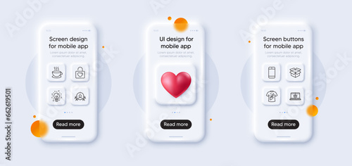 Idea, Smartphone and Online shopping line icons pack. 3d phone mockups with heart. Glass smartphone screen. T-shirt design, Business targeting, Cappuccino web icon. Vector