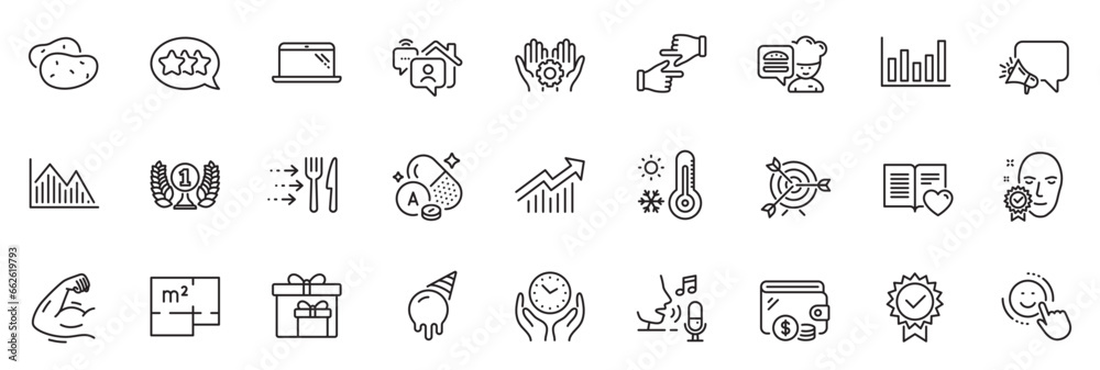 Icons pack as Click hands, Chef and Target line icons for app include Strong arm, Smile, Floor plan outline thin icon web set. Face verified, Vitamin a, Food delivery pictogram. Vector