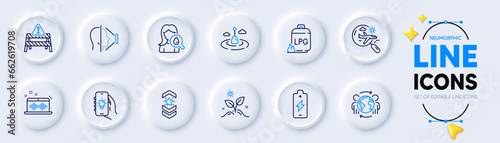 Warning road, Fishing float and Shoulder strap line icons for web app. Pack of Gas cylinder, Moisturizing cream, Music making pictogram icons. Battery charging, Electric app, Grow plant signs. Vector