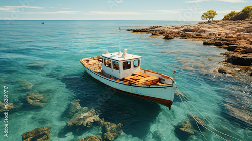 Aerial view of a wooden fishing boat in the sea, Greece