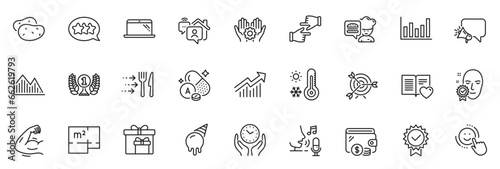 Icons pack as Click hands, Chef and Target line icons for app include Strong arm, Smile, Floor plan outline thin icon web set. Face verified, Vitamin a, Food delivery pictogram. Vector