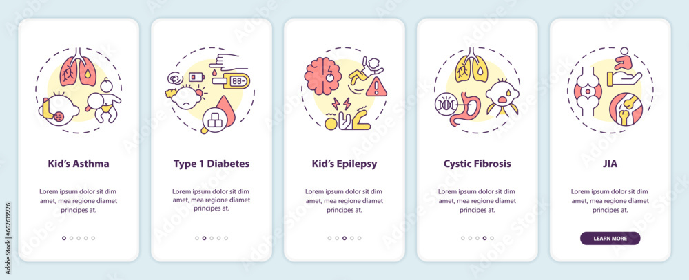 2D icons representing parenting children thin line mobile app screen set. Walkthrough 5 steps multicolor graphic instructions with thin line icons concept, UI, UX, GUI template.