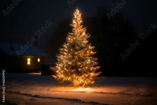 Christmas tree night evening. Season snow evening xmas decorative. Generate Ai