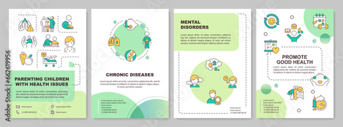 Green parenting children with health issues brochure template, leaflet design with thin linear icons, 4 vector layouts.