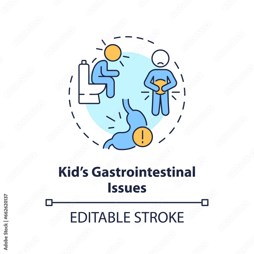 2D editable thin line icon kids gastrointestinal issues concept, isolated simple vector, multicolor illustration representing parenting children with health issues.
