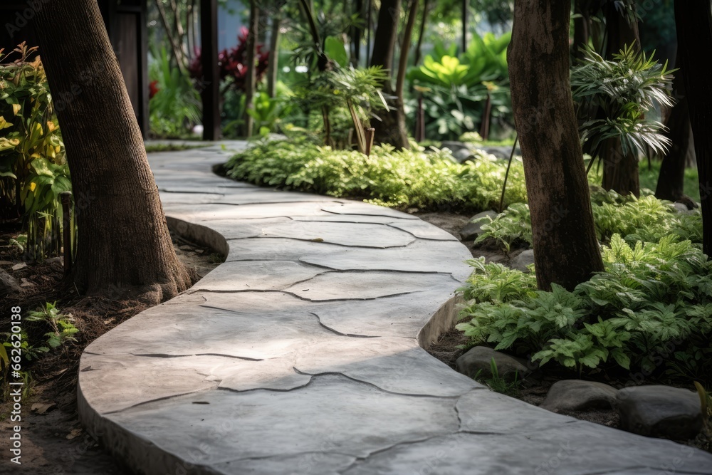 Concrete walk path in the garden close up. Concrete walk path in the garden close up.