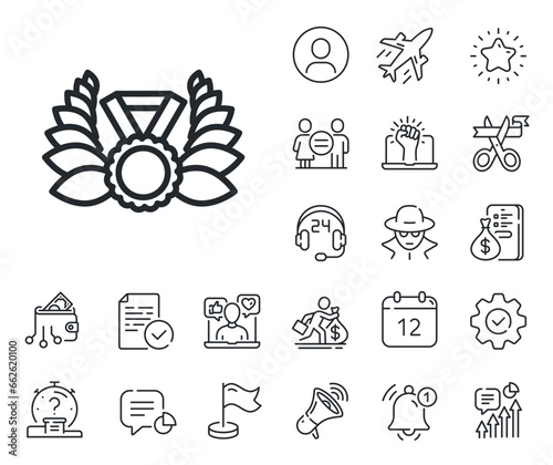 Winner medal symbol. Salaryman, gender equality and alert bell outline icons. Laurel wreath line icon. Prize award sign. Laureate medal line sign. Spy or profile placeholder icon. Vector
