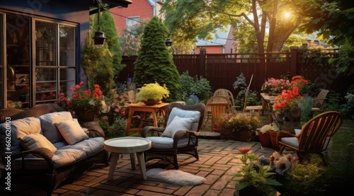 A small courtyard surrounded by greenery  simple patio furniture.