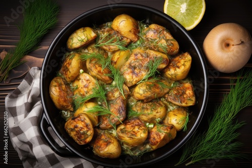 Roasted baby potatoes in iron skillet.