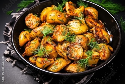 Roasted baby potatoes in iron skillet.