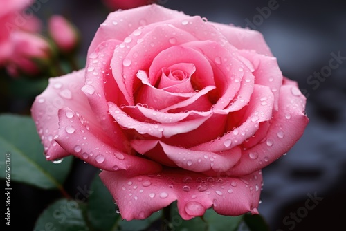 Close up of dew droplets on pink rose