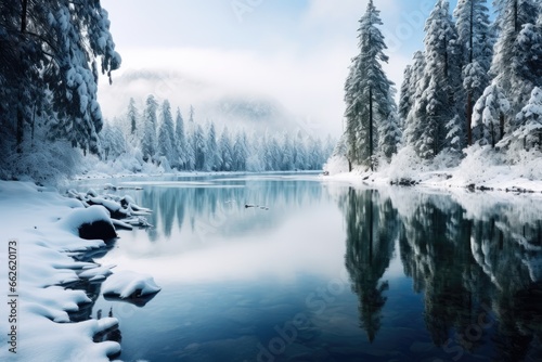Frozen lake in snowy forest. © kardaska