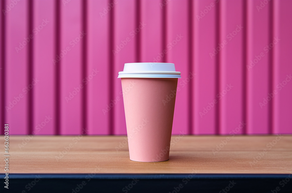 Mockup of a pink to-go coffee glass with a white lid on a striped pink background Mockup of a pink to-go coffee glass with a white lid on a striped pink background