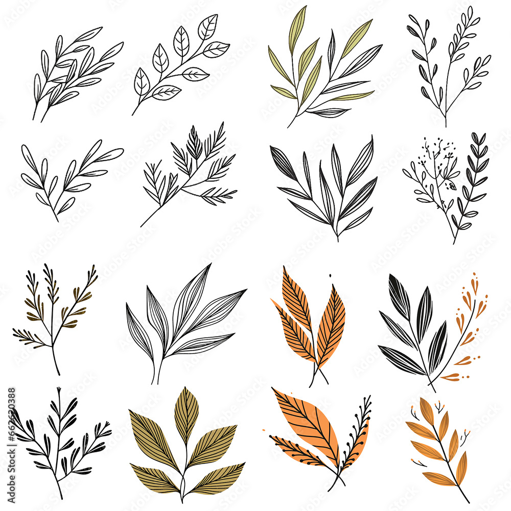 Line style leaves, decorative elements, icons Line style leaves, decorative elements, icons