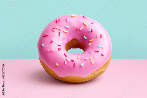 Pink donut front view on blue background. Barbicore © upssallaaa