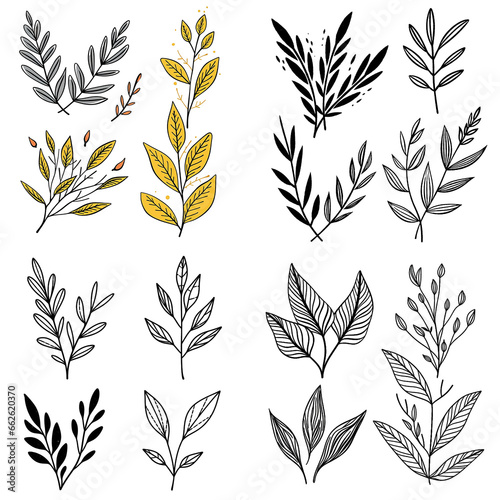 Line style leaves, decorative elements, icons