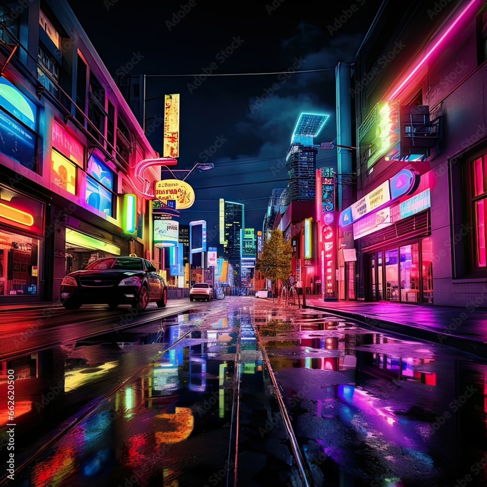 Vibrant Neon-Lit Street Reflections After Rain in Urban Cityscape