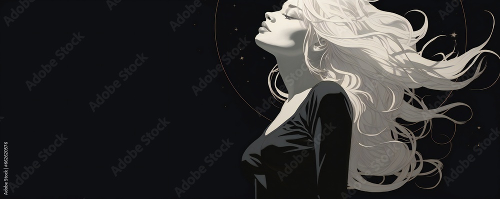 Wrawing of a woman, dark aesthetic, clean lineart, blonde goddess, tall thin, white on black, empty copy space Generative AI Wrawing of a woman, dark aesthetic, clean lineart, blonde goddess, tall thin, white on black, empty copy space Generative AI