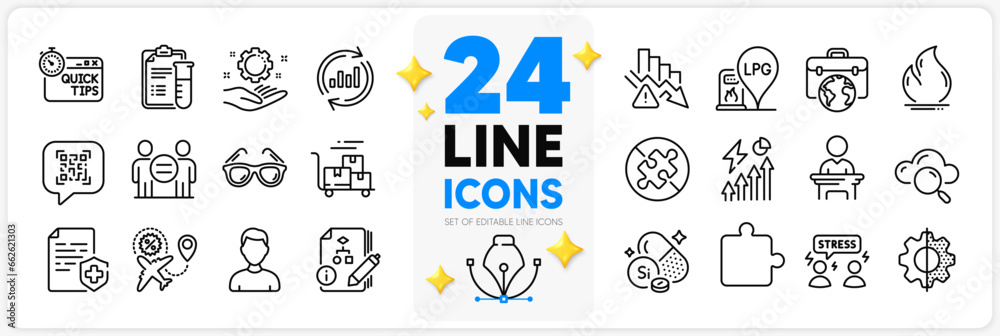 Icons set of Quick tips, Puzzle and Sunglasses line icons pack for app with Flight sale, Employee hand, Difficult stress thin outline icon. Medical analyzes, Medical certificate. Vector