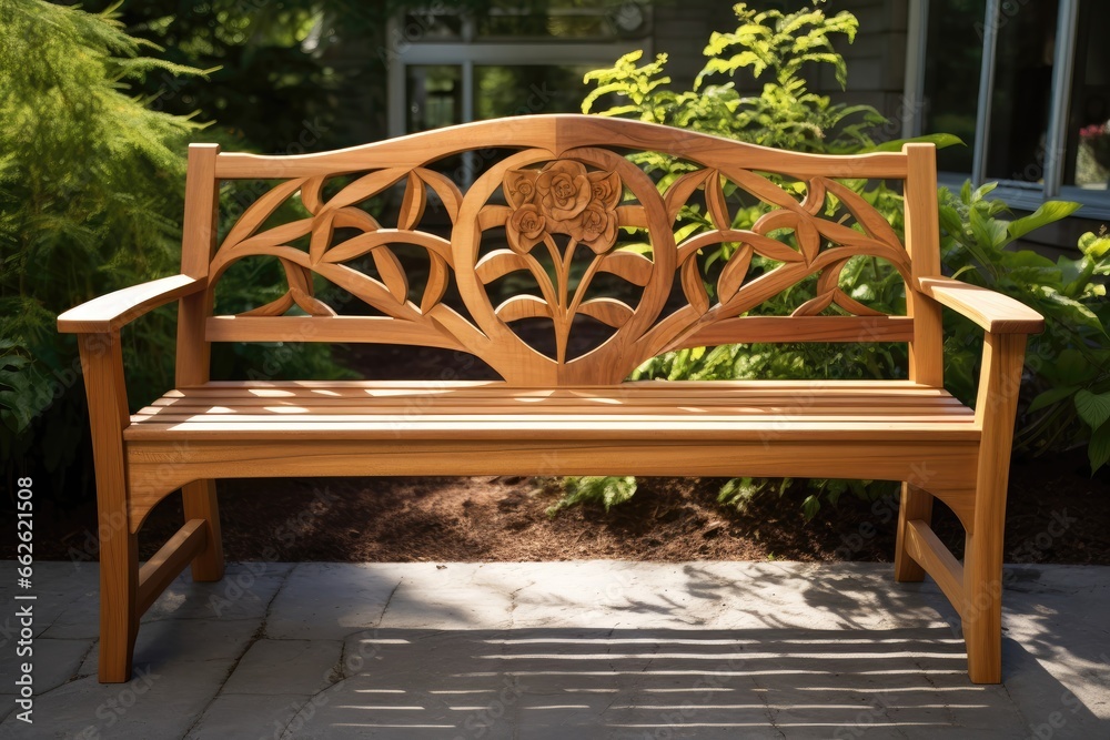 Teak garden bench, sturdy and timeless, offers respite among fragrant roses. Teak garden bench, sturdy and timeless, offers respite among fragrant roses.